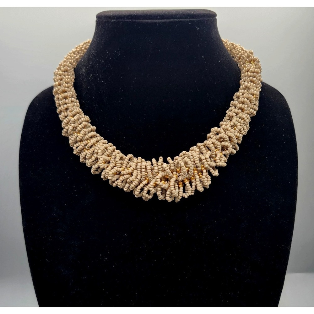 Tan Seed Bead Woven Statement Collar Necklace Gold Tone Bib Neutral Boho
